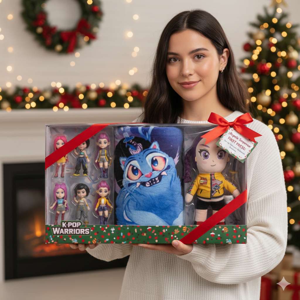 Nubi 3Pack Navideño de Guerreras Kpop: 1 Frazada Matrimonial + 1 Set de 6 Figuras + 1 Peluche 45cm + Envío Express Gratis